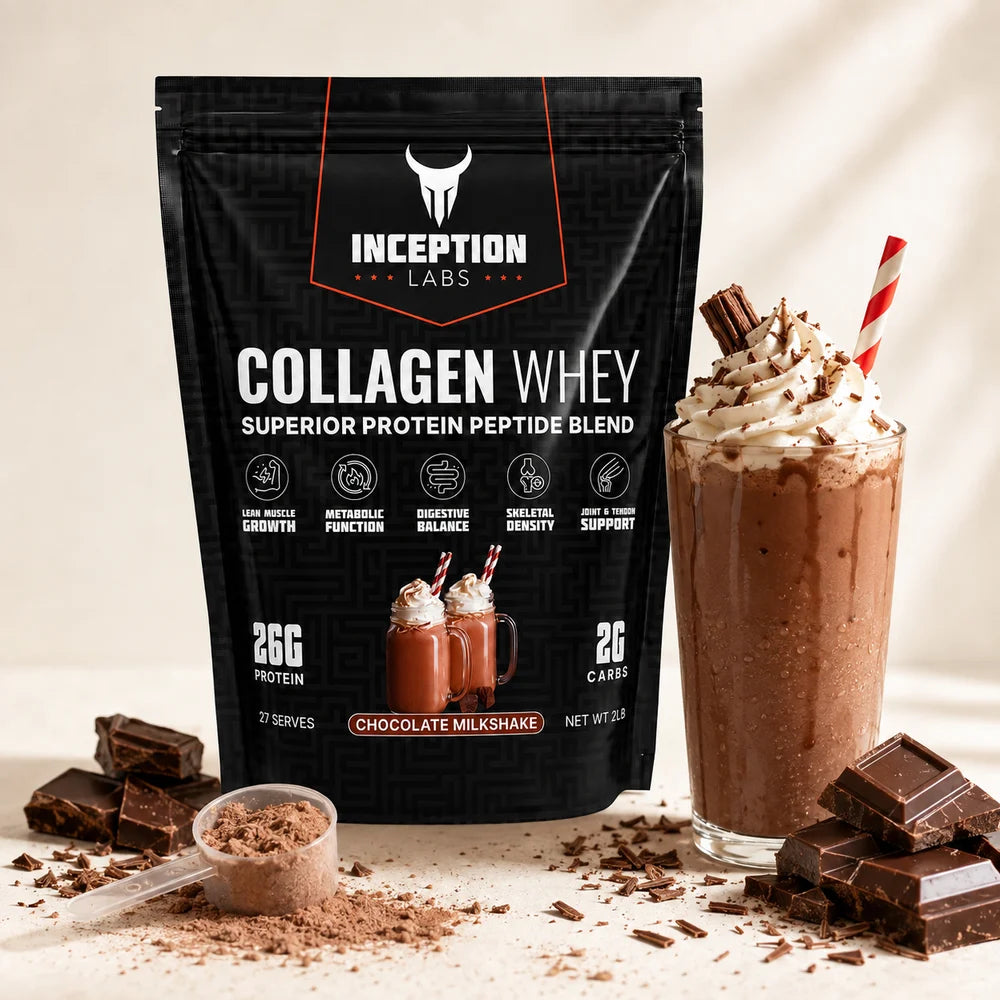 Inception Labs Collagen Whey chocolate milkshake pouch with a chocolate protein shake
