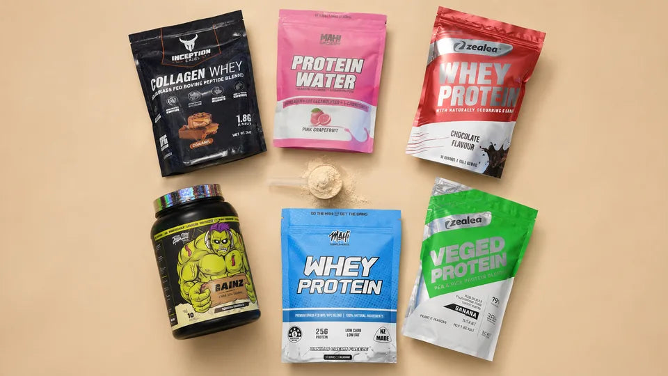 A lineup of protein powders we stock, from whey to plant protein