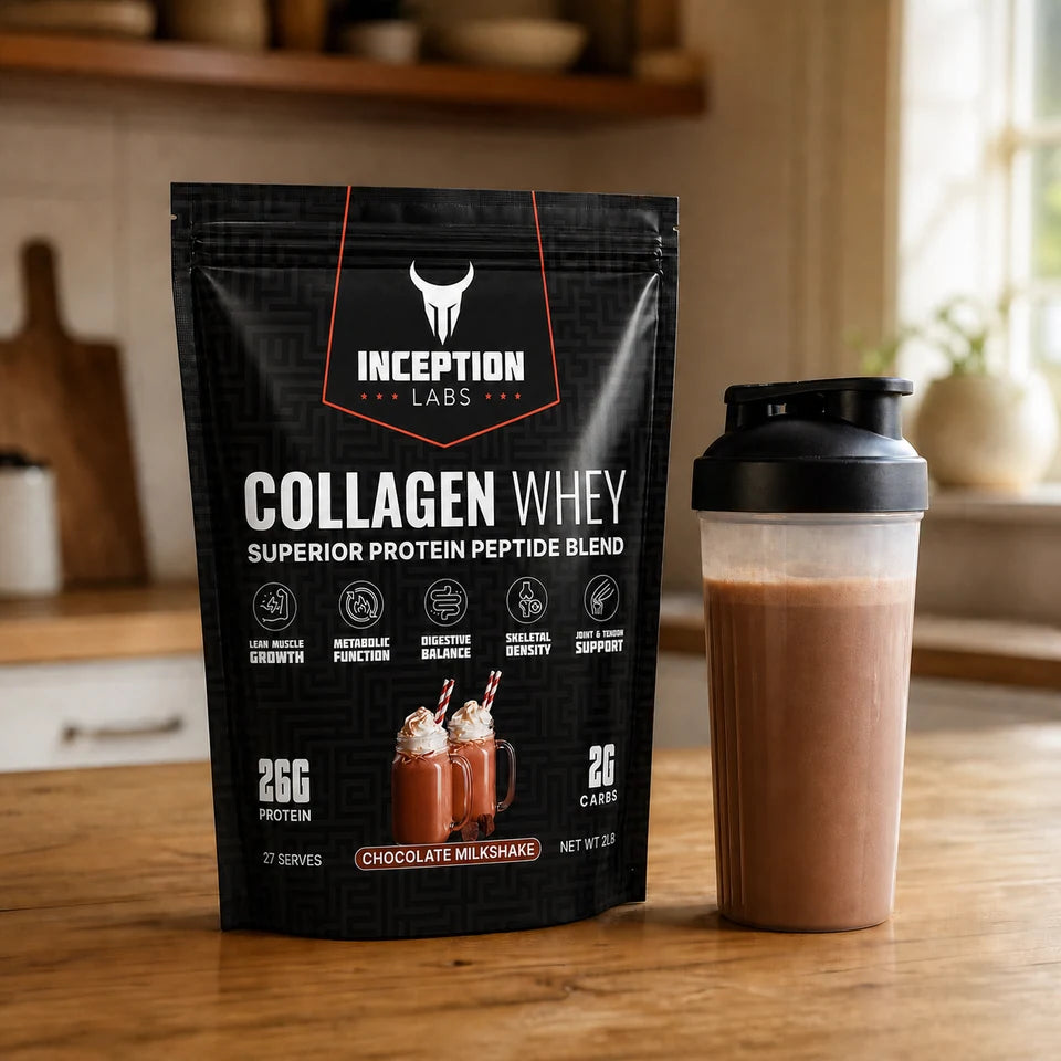 Inception Labs Collagen Whey with a prepared shaker