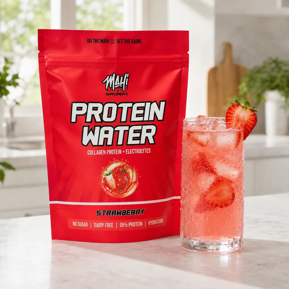 Mahi Protein Water Strawberry pouch beside a clear strawberry protein drink with ice and strawberry slices