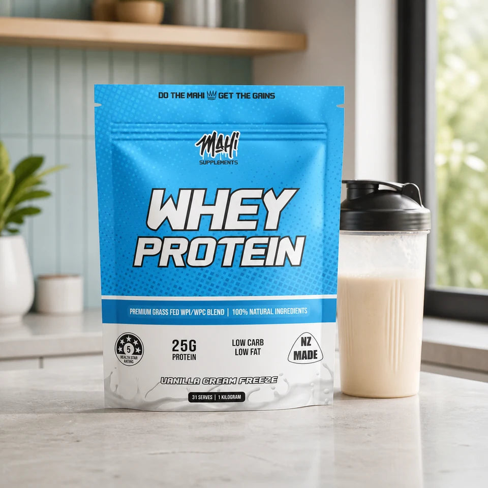 Mahi Whey Protein Vanilla Cream Freeze bag on a kitchen counter