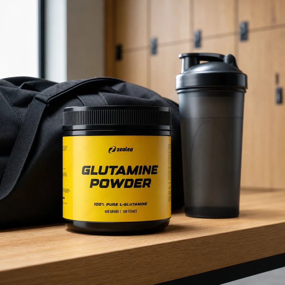Zealea L-Glutamine beside a gym bag
