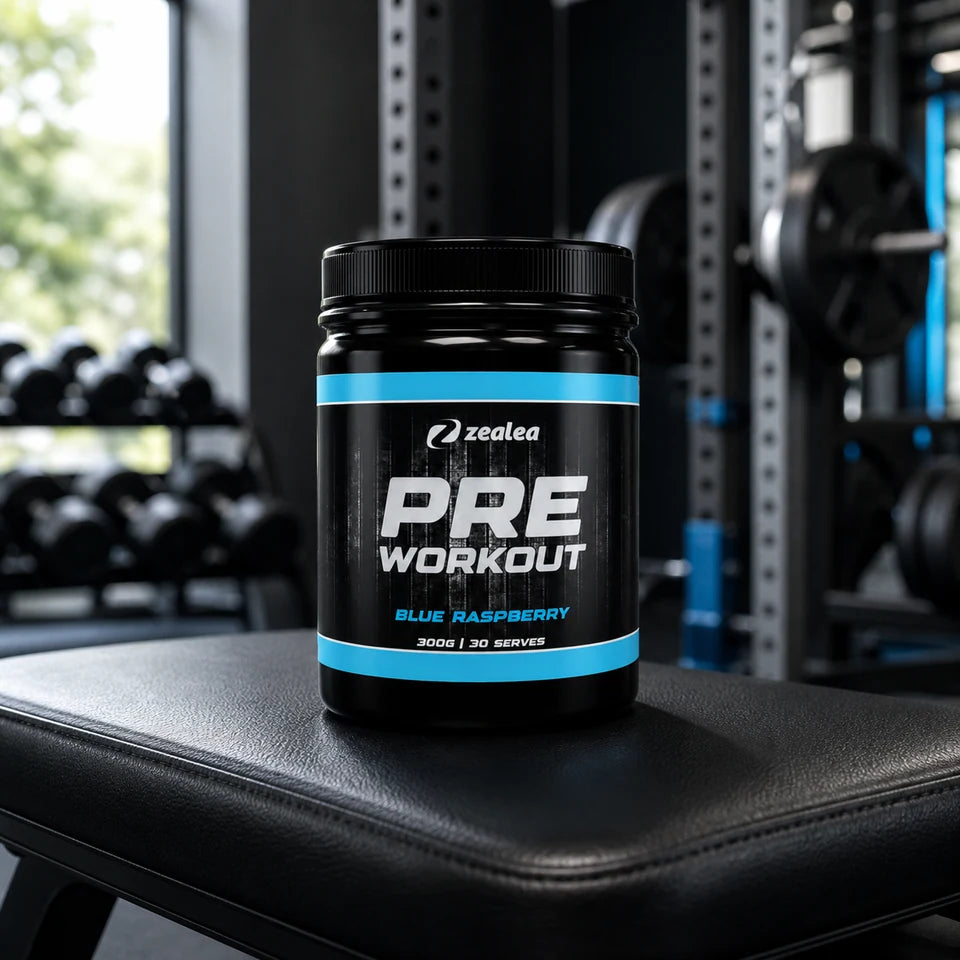 Zealea Pre-Workout Blue Raspberry tub in a gym setting